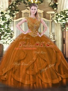 Ball Gowns Ball Gown Prom Dress Brown Scoop Tulle Sleeveless Floor Length Zipper