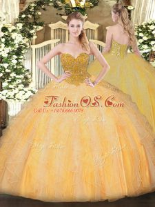 High Quality Floor Length Lace Up Sweet 16 Dresses Orange for Military Ball and Sweet 16 and Quinceanera with Beading and Ruffles