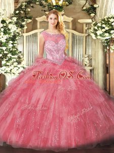 Sweet Rose Pink Sweet 16 Quinceanera Dress Sweet 16 and Quinceanera with Beading and Ruffles Scoop Sleeveless Zipper