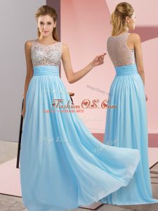 Floor Length Aqua Blue Prom Gown Scoop Sleeveless Side Zipper