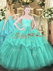 Zipper Quinceanera Dress Turquoise for Military Ball and Sweet 16 and Quinceanera with Beading and Lace and Ruffled Layers Brush Train