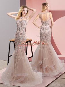 Sleeveless Sweep Train Zipper Beading and Ruffles