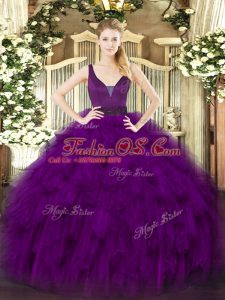 Dramatic Purple Quinceanera Gown Military Ball and Sweet 16 and Quinceanera with Beading and Ruffles Straps Sleeveless Zipper