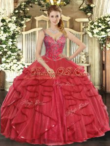 Glittering V-neck Sleeveless Quinceanera Dresses Floor Length Beading and Ruffles Wine Red Tulle