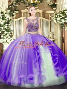 Glittering Lavender Lace Up Scoop Beading and Ruffles Quinceanera Dress Tulle Sleeveless