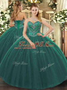Dark Green Ball Gowns Tulle Sweetheart Sleeveless Beading Floor Length Lace Up Quinceanera Gown
