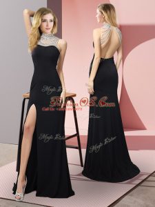 Top Selling Black Elastic Woven Satin Backless High-neck Sleeveless Floor Length Dress for Prom Beading