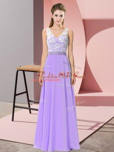 Lavender Chiffon Backless V-neck Sleeveless Floor Length Dress for Prom Beading