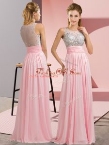 Baby Pink Chiffon Side Zipper Prom Party Dress Sleeveless Floor Length Beading