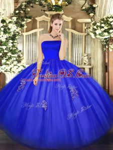 Flirting Blue Ball Gowns Tulle Strapless Sleeveless Appliques Floor Length Zipper Vestidos de Quinceanera