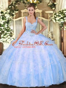 Straps Sleeveless Lace Up Sweet 16 Dresses Light Blue Tulle