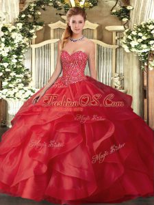 Nice Red Lace Up Sweetheart Beading and Ruffles Quinceanera Dress Tulle Sleeveless
