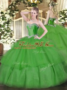 Beautiful Floor Length Green Sweet 16 Dresses Tulle Sleeveless Beading and Ruffled Layers