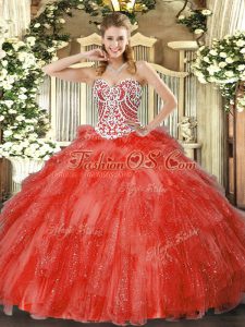 Sexy Sleeveless Floor Length Beading and Ruffles Side Zipper Quinceanera Dresses with Coral Red