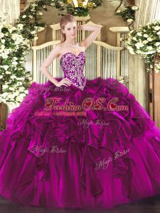 Ball Gowns Quince Ball Gowns Fuchsia Sweetheart Organza Sleeveless Floor Length Lace Up
