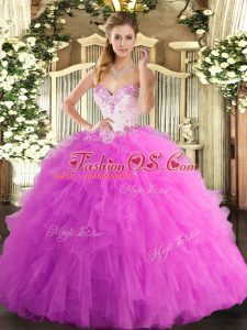 Modern Rose Pink Lace Up Quinceanera Gown Beading and Ruffles Sleeveless Floor Length