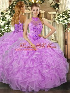 Extravagant Organza Halter Top Sleeveless Lace Up Beading and Ruffles Sweet 16 Quinceanera Dress in Lavender
