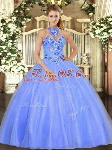 Enchanting Blue Ball Gowns Tulle Halter Top Sleeveless Embroidery Floor Length Lace Up Vestidos de Quinceanera