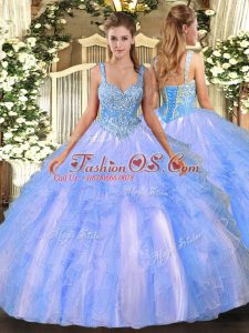 Luxury Floor Length Ball Gowns Sleeveless Light Blue Sweet 16 Dresses Lace Up