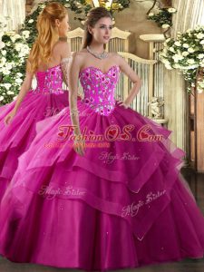 Deluxe Fuchsia Sweetheart Neckline Embroidery and Ruffled Layers Ball Gown Prom Dress Sleeveless Lace Up