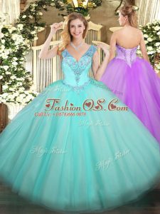Aqua Blue Tulle Lace Up V-neck Sleeveless Floor Length Quince Ball Gowns Beading