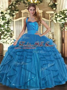 Stylish Teal Ball Gown Prom Dress Military Ball and Sweet 16 and Quinceanera with Ruffles Halter Top Sleeveless Lace Up