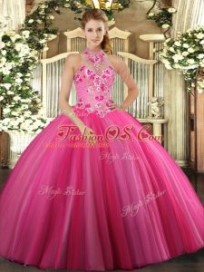 Decent Hot Pink Ball Gowns Tulle Halter Top Sleeveless Embroidery Floor Length Lace Up Quinceanera Gowns