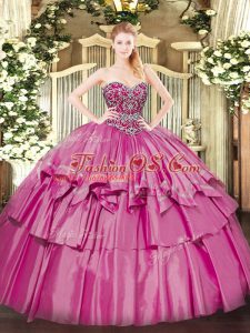 Floor Length Pink Ball Gown Prom Dress Organza and Taffeta Sleeveless Beading and Ruffled Layers