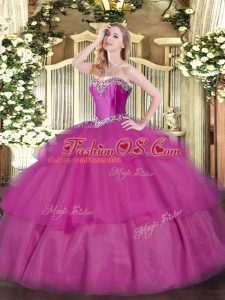 Floor Length Fuchsia Quinceanera Gowns Tulle Sleeveless Beading and Ruffled Layers