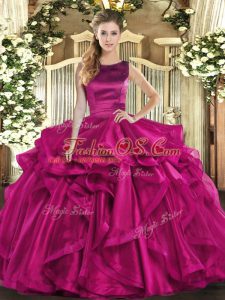 Floor Length Fuchsia Quinceanera Gown Scoop Sleeveless Lace Up