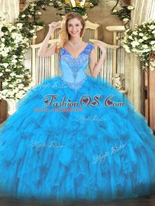 Gorgeous Baby Blue Ball Gowns Beading and Ruffles Ball Gown Prom Dress Lace Up Organza Sleeveless Floor Length