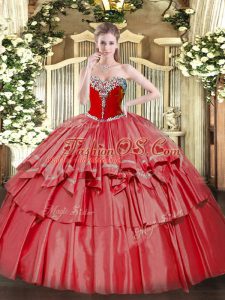 Spectacular Floor Length Coral Red Sweet 16 Dresses Organza and Taffeta Sleeveless Beading and Ruffled Layers
