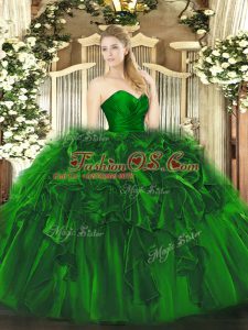 Dark Green Ball Gowns Sweetheart Sleeveless Organza and Tulle Floor Length Lace Up Ruffles Sweet 16 Dress