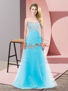 Fancy Beading Aqua Blue Lace Up Sleeveless Floor Length