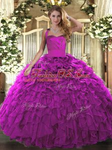 On Sale Fuchsia Organza Lace Up Sweet 16 Dress Sleeveless Floor Length Ruffles