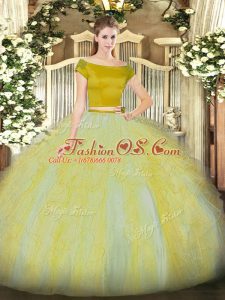 Gold Off The Shoulder Zipper Ruffles Quinceanera Dress Short Sleeves
