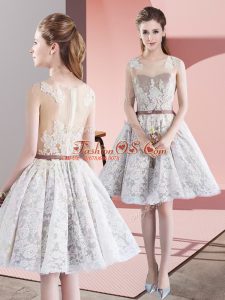White Prom Dresses Prom and Party with Appliques and Belt Scoop Sleeveless Zipper