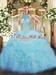 Aqua Blue Ball Gowns Organza Halter Top Sleeveless Beading and Ruffles and Pick Ups Floor Length Lace Up 15th Birthday Dress