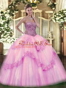 Glittering Pink Tulle Lace Up 15th Birthday Dress Sleeveless Floor Length Beading and Appliques and Ruffles