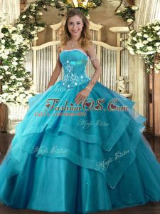 Cute Floor Length Ball Gowns Sleeveless Teal Quinceanera Dress Lace Up