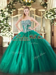 Wonderful Strapless Sleeveless Lace Up Sweet 16 Dresses Turquoise Tulle