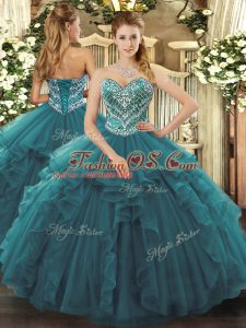 Turquoise Sleeveless Tulle Lace Up Sweet 16 Dress for Military Ball and Sweet 16 and Quinceanera