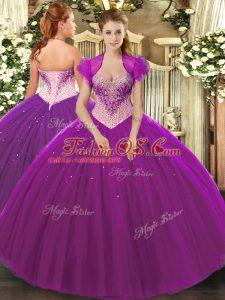 Beading Quinceanera Gowns Eggplant Purple Lace Up Sleeveless Floor Length
