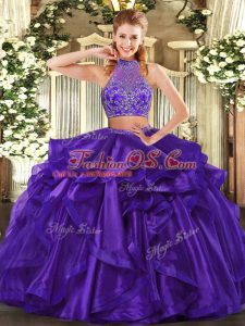 Purple Halter Top Neckline Beading and Ruffled Layers 15th Birthday Dress Sleeveless Criss Cross
