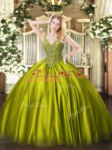 V-neck Sleeveless Satin 15 Quinceanera Dress Beading Lace Up