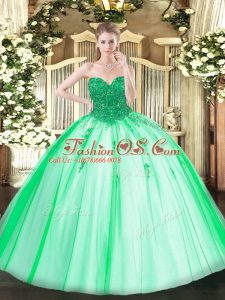 Artistic Tulle Sweetheart Sleeveless Lace Up Beading Quinceanera Gown in Turquoise