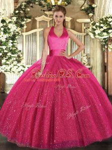 Ball Gowns Vestidos de Quinceanera Hot Pink Halter Top Tulle Sleeveless Floor Length Lace Up