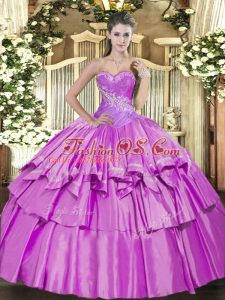 Extravagant Lilac Organza and Taffeta Lace Up Sweetheart Sleeveless Floor Length Sweet 16 Dresses Beading and Ruffled Layers