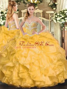 Ball Gowns Sweet 16 Dresses Gold Sweetheart Organza Sleeveless Floor Length Lace Up