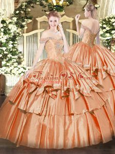 Fine Orange Red Ball Gowns Off The Shoulder Sleeveless Organza Floor Length Lace Up Beading and Ruffled Layers Sweet 16 Quinceanera Dress